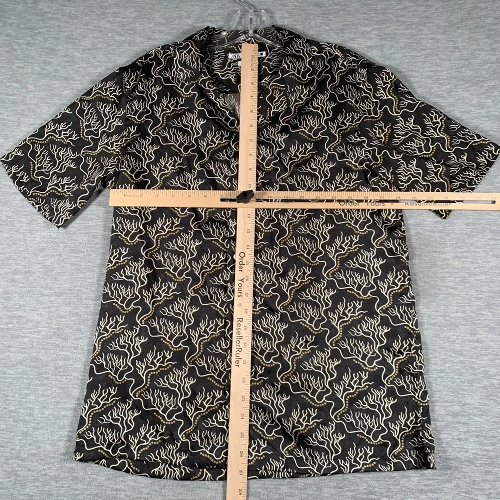 Zara Shirt Mens Small Black Coral Print Viscose Short‎ Sleeve Button Up Casual